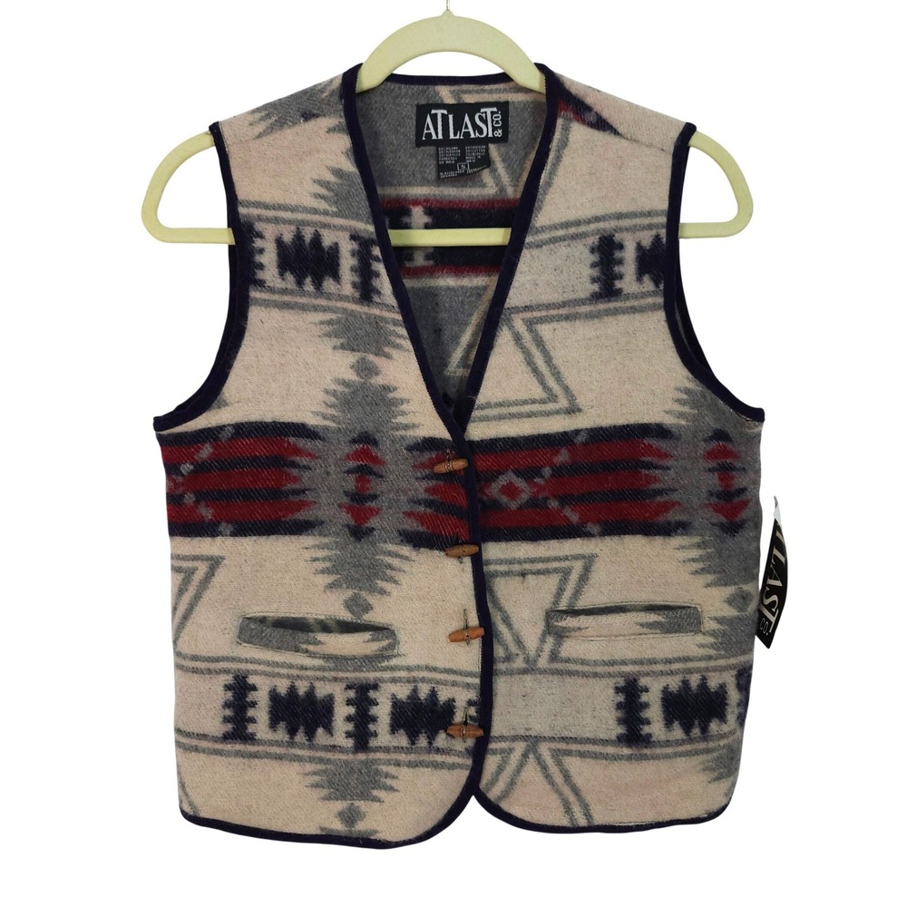 Vintage AtLast & Co Southwestern Aztec Wool Blend Toggle Vest Small Deadstock